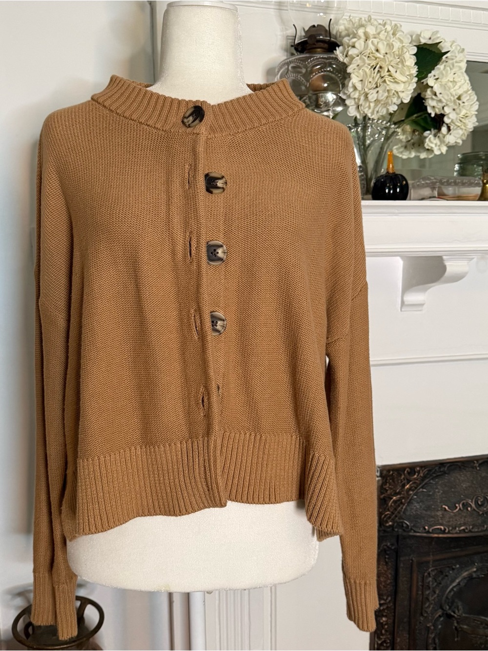 100% Cotton Quince Camel Button-Front Cardigan